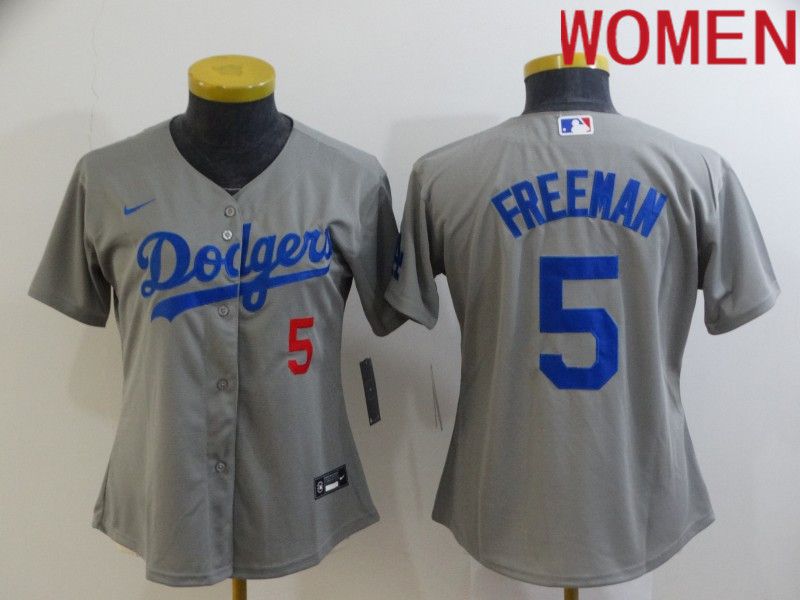 Women Los Angeles Dodgers 5 Freddie Freeman Grey Nike 2022 MLB Jersey